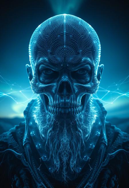 A symmetric portrait of a male, evil frozen Skelator, features dissolving into frozen magic thin, luminescent blue lines. Weighted Voronoi stippling and laser caustics create a network, transitioning from hyperrealistic detail to abstract, quantum-inspired forms. Ethereal hues blend, evoking existential transition and mystery. Close-up on face, evil skull partially visible. Set against a twilight arctic backdrop, icy winds ripple through his tattered robes. Rendered in a fusion of photorealism and digital surrealism, the scene is illuminated by ghostly Northern Lights. Emphasis on cold, menacing atmosphere, invoking Nordic myths