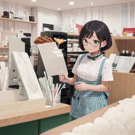 best quality, ultra-detailed, illustration,
1girl, glasses, black hair, medium hair, medium breasts, smile, standing,
KSU, short sleeves, apron, shirt, white shirt, plaid, counter, shop, food, gingham apron, gingham, green skirt, green bowtie, indoors, 
<lora:kobeya_stazzo_U_SD15_V4:1>