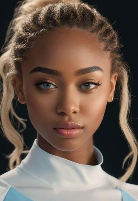 hyper realistic and detailed photo of a cute 22yo african female gymnast, shallow depth of field, cleavage, two-packs abs, golden blonde straight messed up hair, straight waist, realistic textures, 8k movie still, cinematic, looking at viewer, straight hip, narrow hip, small hip, small round shape butt, tiny breasts, long legs, Youthful, radiant complexion with fair dark tonde black skin. Her facial structure is characterized by soft, rounded features with a gentle jawline that complements her overall delicate visage. The eyebrows above are well-defined, arched gracefully, adding to the intensity of her gaze. Her hair, a rich golden brown, is pulled back into a high ponytail that cascades in gentle waves, framing her face elegantly. Her lips are full and appear soft, providing a neutral yet inviting expression. The subject's nose is proportionate to her face, with a subtle, rounded tip that harmonizes with her soft facial features.
The eyes are a distinctive feature, conveying a remarkable depth of color   a shade of light blue. Her irises are ringed with a darker blue hue. Her pupils are centered and clear. The eyelids are smooth, with a subtle crease that adds depth to her eye structure. Her lashes are of a lighter brown, long and evenly spread, curling gently upwards. low-key dark-toned photo style, pure black background, gymn dress