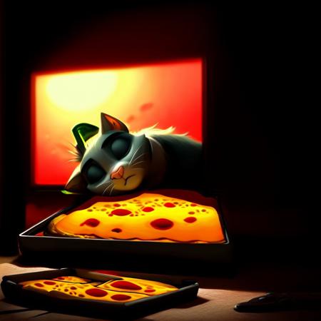 score_9, score_8_up, score_8, top down full body view, ((cute adorable and fluffy cat sleeping ontop of a pizza what rests ontop of a pizza box)), fluffy wild kitty cat, NightScapes, pizza, neko, cat, feline, cheese strings, juicy, perfectly baked pizza, juicy pepperony pizza, cozy atmosphere, creative light overlay, 4k, masterpiece, (masterpiece), best quality, (4K), (cinematic lighting), highly detailed, 8K, UHD, ultra detailed, immersive picture, vivid colors, volumetric light, cinematic light, extremely detailed CG, clutter, thrash, cluttered shed, boxes labeled 'stuff', tangled cables, tools, batteries, charger, 18650 randomness, various objects, wall painting, low key, spot lighting, BREAK glass jars, green liquid, green glass, glass bottle, red liquid, backlit, sleeping neko cat,