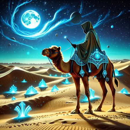 The Wanderer of Neon Sands A hooded (camel traveler:1.5) in glowing robes crossing a desert of bioluminescent sand dunes under a starlit sky, accompanied by a glowing mechanical creature, ambient glow casting long shadows, sci-fi mysticism ,
narrating excitedly, bright palette, expressive faces, score_9, score_8_up, score_8_up, masterpiece,super detailed face, super high resolution, FaceDetail, masterpiece-level, highly detailed, intricate details, detailed background, complex background, cinematic, intricately detailed illustration, depth of field, masterpiece, best quality, amazing quality, very aesthetic, absurdres, newest, very awa, shadow, dynamic angle,