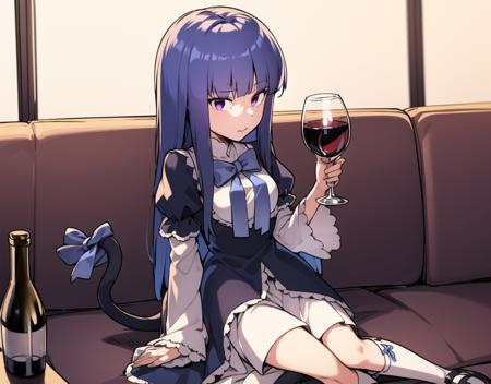 <lora:BErn1060_5000:1>, 1girl, frederica bernkastel, alcohol, blue hair, blunt bangs, bow, cat tail with bow, dress, drink, drinking glass, glass, kneehighs, long hair, purple eyes, ribbon, shoes, solo,tail ornament, tail ribbon, white legwear, wine, wine glass