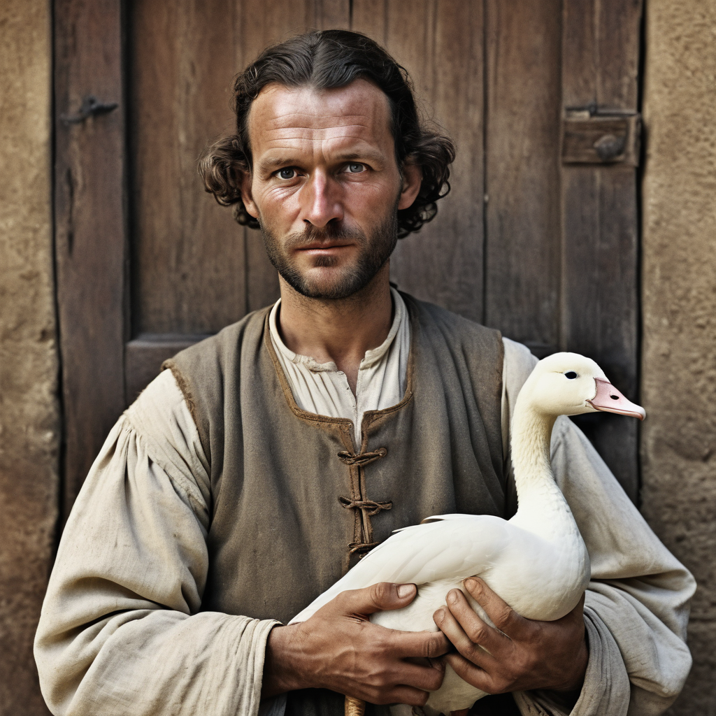 a medieval merchant, wearing twill clothes, holding a white goose, dirty face, (faint of enigmatic smile:0.25), stern, looking at viewer, eye contact, portrait, vintage photo, cowboy shot,