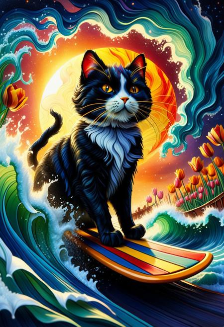 A dynamicoil painting of a cat Surfer, with metallic shimmering fur, riding barefoot his majestic board through a (cosmic wave made of tulip:1.5) background. Include a golden sun and a glowing star. Use strong light and shadow contrasts and hatching to emphasize the movement and drama of the scene. The cat Surfer should be placed centrally in the composition, with bold lines and intense colorfull tones to highlight his powerful pose and the expansive scenery, (a wave made of tulips:1.5),
This style merges comic-book boldness with classic animation’s charm. Characters have sharp, inked outlines, dramatic shadows, and fluid curves, moving with cartoonish elasticity but striking graphic-novel poses.
Backgrounds resemble painted storybooks—watercolor forests or ink-washed cities—lit by high-contrast drama. Deep blacks meet vibrant colors, blending grit and whimsy.
The palette shifts from moody monochrome to dreamlike hues, evoking noir comics and vintage animation. Each frame balances graphic rawness with hand-drawn polish, feeling nostalgic yet fresh—a fairy tale through a pulp-adventure lens.