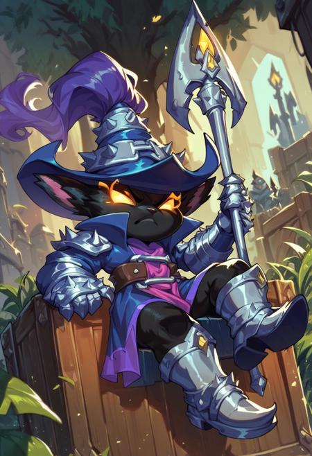 1boy, veigarxl, yordle, shortstack, black fur, glowing eyes spiky, wizard mantle, wizard hat, gauntlets, boots, holding staff omegav military coat, gas mask, belt, poach red hand, prosthetic hand