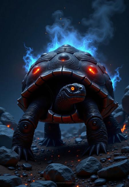 aidmaimageupgrader, they glow at night, a high quality digital image of an intricately detailed enormous planet sized evil tortoise with a shell made from dark obsidian, the shell has a few volcanoes on it, he's a very evil tortoise