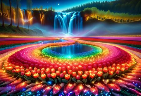 vibrant colors, shiny_skin, prefect lighting, detailed image, snoozing, masterpiece, best quality, highly detailed, ultra quality, 
made of l1qu1dp34rl, pearlescent, multicolored, jaynl-tm, hkmagic, sparkling glitter and crystals, glowing sapphire light waves, in a fantasy art style, 
flower field made of l1qu1dp34rl, flower field made of tulips,
outdoors, neon lights, glowing, glowing RGB lights, forest, tree, waterfall made of l1qu1dp34rl, river made of l1qu1dp34rl, sciencefiction, neon lights, night, moon,