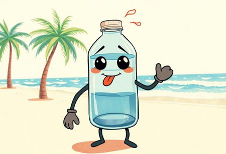 A 1930s cartoon-style water bottle character standing on a beach under the hot sun. The bottle is half-empty, with a transparent glass-like body showing sloshing water inside. It has large pie-cut eyes, a cute rubber hose mouth sticking its tongue out tiredly, and simple black rubber hose limbs — thin, bendy lines for arms and legs, ending in mitten-style hands and sock-like feet. It looks adorably exhausted, slightly slouched, with wavy heat lines around its head. Drops of sweat and steam rise from the cap. The beach is stylized like a 1930s cartoon set: simple palm trees, bouncy waves, and soft sand, all hand-drawn with watercolor texture. The whole scene has vintage film grain, flickering reel effect, and a warm, sepia-toned pastel palette. Very cute and old-school charming.