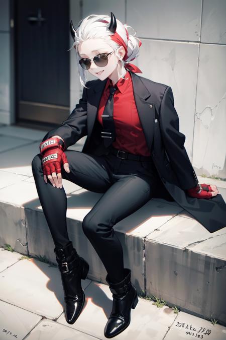 justice(helltaker), black horns, smile, pants, black pants, full body, white hair, suit, demon horns, red shirt, formal, sitting, necktie, horns, sunglasses, fingerless gloves, shirt, boots, black footwear, dated, 1girl, black jacket, solo, demon girl, red bandana, gloves, jacket, short hair, scarf, red gloves<lora:justice:1>