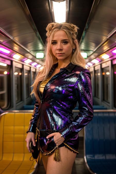 disco costume ,  train interior , evening  <lora:Sarah_Jane_Honeywell:1> masterpiece,best quality, detailed face, 1girl, solo, sj1873h, blonde_hair