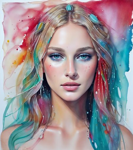 A beautiful female supermodel, mixed media, undried paint, jewel bugs, colored background, flowing liquid colors running down her face