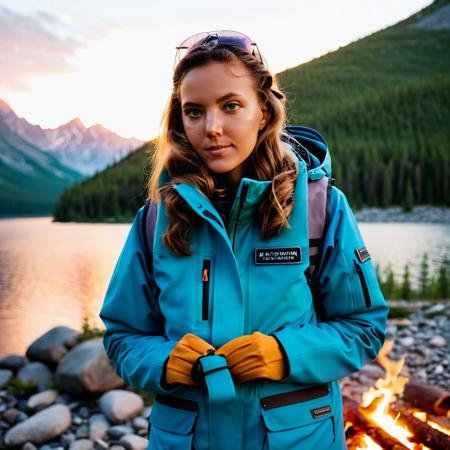 <lora:k4ty4cl0v3r:1> cinematic photo an exquisite portrait photograph, 85mm medium format photo of ((k4ty4cl0v3r)) a woman in the woods near a lake next to a fire at sunset,mountains,soft light,full body,hiking clothes