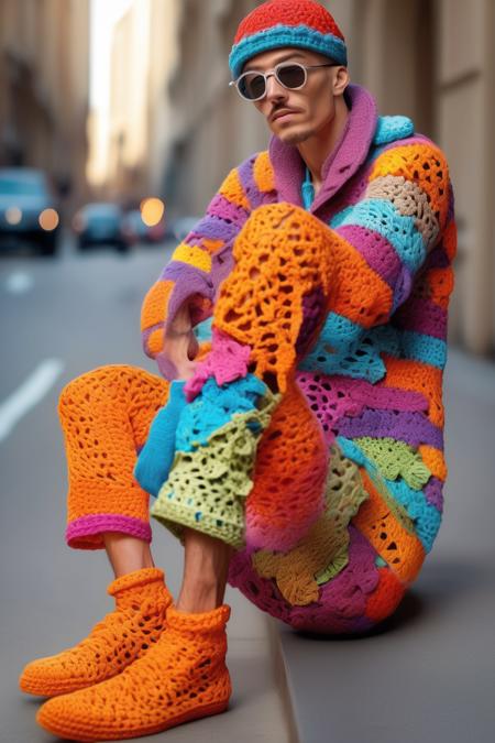 <lora:CROCHETED:1>CROCHETED - man wearing a crochet outfit, full body, crochet shoes, crochet onesie, high fashion, vibrant colors, street photography, fashion photography, detailed, magazine photography, with vibrant colors and exquisite details, Canon EOS 5D Mark IV, 24-70mm lens, f/4, ISO 200, 1/100, textures and details, warm lighting, high-end fashion, urban setting, baggy clothes