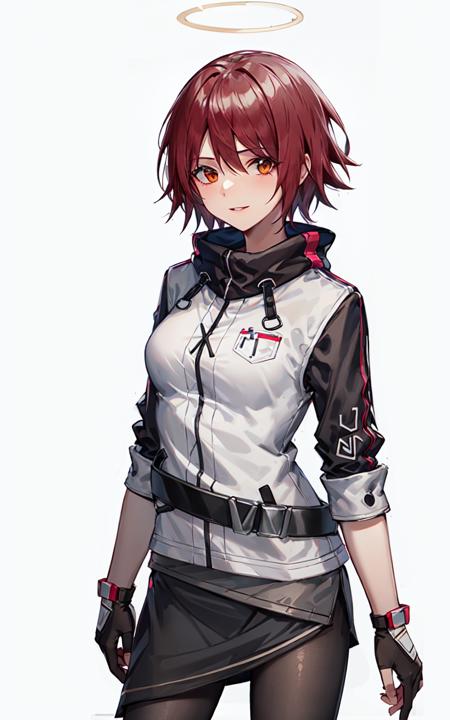 masterpiece, high quality, 1girl, solo, simple background, (white background:1.1),
<lora:exusiaiArknightsV2-3:0.8>,exusiai-original,  white jacket,black skirt,miniskirt, short sleeves, white jacket, black pantyhose,raglan sleeves,belt,
medium breasts,
standing, cowboy shot, looking at viewer,parted lips, light smile,