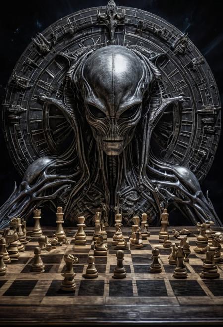 Cosmic chess, 
an interestellar chess game where cosmic elements serve as chess pieces on an astronomical board, 
stargate, 
fire ball and comets as pieces of chess, 
gods playing chess, 
few pieces of chess, 
planets, 
style biomech art, 
by H R Giger, 
alien symmetrical portriat science ai, 
intricate details, 
complex, 
very high contrast, 
sinister energy, 
alien atmosphere, 
dramatic light, 
shiny details, 
concept art, 
very sharp focus, 
intrincate details, 
intricate painstaking attention to detail, 
award winning, 
8k, 
crisp quality, 
hyperrealistic, 
exquisite craftsmanship, 
hdr, 
masterpiece, 
luscious, 
mesmeric, 
dreamy, 
eye-catching, 
dark circles, 
pretty, 
excellent, 
gorgeous, 
adorable, 
classy, 
stunning