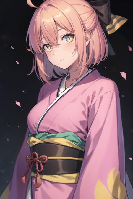 okitasouji, <lora:okitasoujitest:1>, okita souji, ahoge, black bow, pink hair, hair between eyes, hair bow, short hair, (yellow eyes:1.5),
BREAK japanese clothes, kimono, sash, pink kimono,
BREAK outdoors, city,
BREAK looking at viewer,
BREAK <lora:GoodHands-vanilla:1>, (masterpiece:1.2), best quality, high resolution, unity 8k wallpaper, (illustration:0.8), (beautiful detailed eyes:1.6), extremely detailed face, perfect lighting, extremely detailed CG, (perfect hands, perfect anatomy),