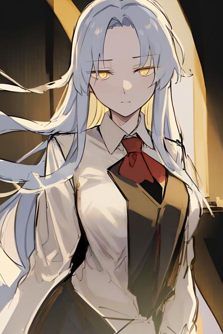 ((sketch)),masterpiece, best quality, sketch,1girl, breasts, closed_mouth, collared_shirt, long_hair, long_sleeves,  necktie, red_necktie, shirt, solo, very_long_hair, vest, white_shirt, (((yellow_eyes))),expressionless,light blue hair