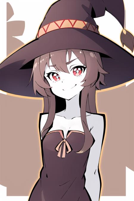 1girl,   ,smile, upper body,  looking at viewer, pale skin,  red dress 
<lora:ThePinkPirate-22:1>, flat color, wide-eyed,      symbol-shaped pupils,  <lora:megumin_type2:0.8>, brown hair,  witch hat,   kono subarashii sekai ni shukufuku wo!,  temples,   (megumin:0.6)