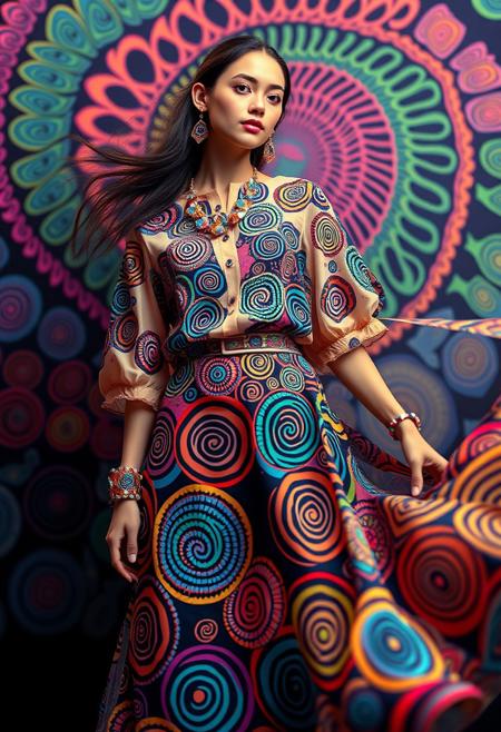 (nubile young woman:1.3), (wearing a fully spirograph-inspired outfit:1.5), (spirograph-patterned skirt:1.6), (geometric spiral motifs:1.5) flowing across fabric, (multilayered spirograph accessories:1.3), (complex interwoven patterns:1.4), (swirling designs on blouse and jewelry:1.2), (vivid colors:1.3), (dynamic animation effect on fabric), (fabric fluttering in wind), (color gradients following spiral lines:1.2), (high-energy patterns:1.3), (soft glowing light on shapes), (psychedelic background hints:1.2), (urban art gallery setting), (delicate and lightweight fabrics:1.4), (smooth flowing pose:1.2), (perfect color harmony), (motion blur hints), (abstract spirograph wallpaper:1.2), (photorealism:-1.5), (mutated limbs:-1.4), (blurry shapes:-1.3), (simple patterns:-1.2), (flat colors:-1.1), (oversaturated lighting:-1.2), (poor proportions:-1.3)