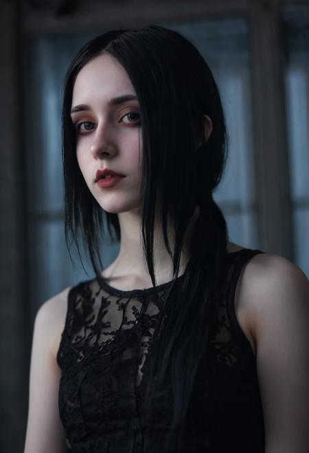 (((top-priority))), real-life, goth-girlfriend, split ambient twilight light, shallow focus, realistic shadows, ideal, vellus hairs, best image, best quality, depth of field, perfect composition, suggestive