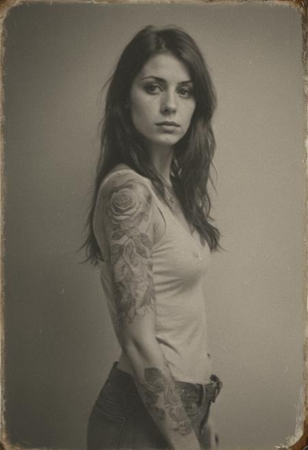 realism, epic world, brutal rocker woman with rose tattoo, (faded film), desaturated, award winner art, 35mm photo, grainy, vignette, vintage, lomography, stained, highly detailed, found footage, highly detailed, volumetric, dramatic lighting, (old analog photo) <lora:detailed_hands:0.8> <lora:Old_Photo_XL_V1:0.4>