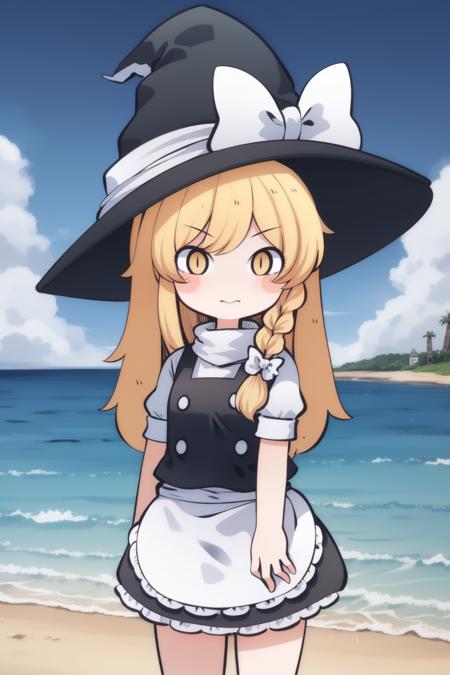 cha, 1girl, chibi, (kirisame marisa:1.2), (cowboy shot:1.2), abandoned island beach with view on beatiful ocean