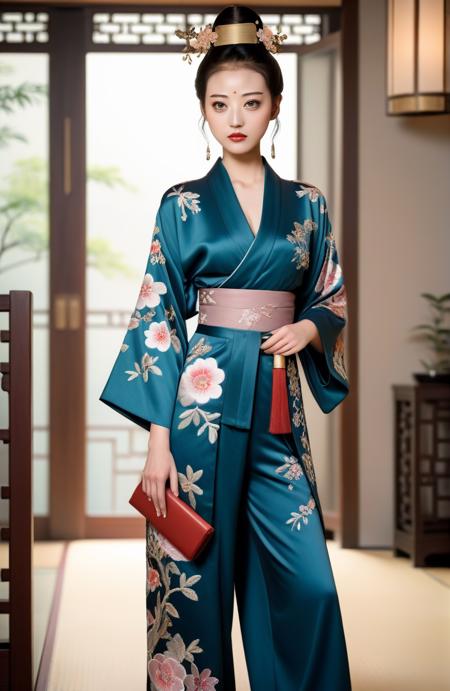 breathtaking, (masterpiece,best quality,ultra high res:1.1),(photo-realistic:1.1),looking at viewer,
character portrait,20yo,chinese actress,
1girl,<lora:zhouhaimei_XL_0_:1.3>,zhouhaimei,(Embroidered_kimono_jacket:1.4),(Wide-leg_jumpsuit:1.3),(Strappy_heels:1.2),, award-winning, professional, highly detailed