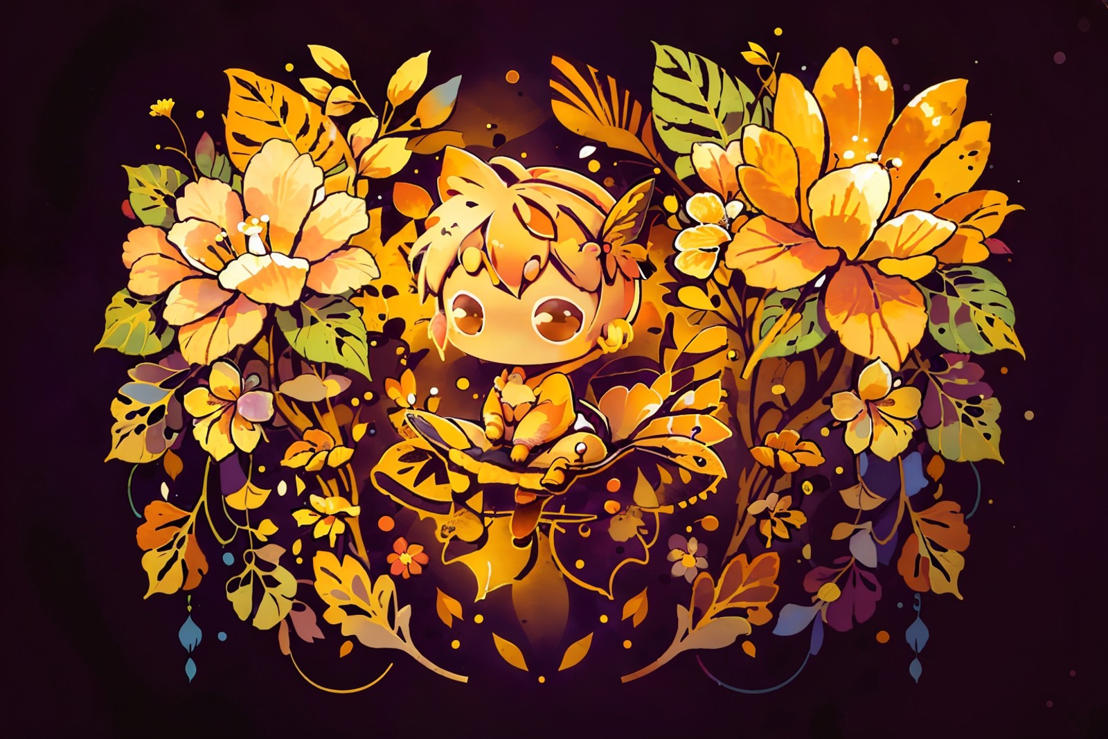 cute00d,  butterflies, chibi girl, flower, yellow theme,  <lora:cute00d-000020:1.2>