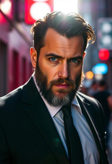 A simple uncluttered high-fashion photo of a 30yo 7' tall, broad-shouldered, muscular scruffy rugged extremely-attractive bearded burly dangerous-looking criminal Italian-man mob-boss sexy male-model with dark-hair wearing a black suit. His gaze is intense, his blue eyes well-lit. lens-flare, vibrant, highest-quality, iridescent, street-photo, urban, red, white and blue color-scheme, light-art, in-motion, dynamic