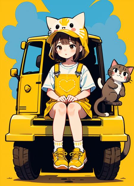 cute comic, 1girl, motor vehicle, cat, hat, yellow background, ground vehicle, overalls, solo, sitting, shoes, blue headwear, short hair, animal hat, yellow footwear, socks, brown hair, heart, blue footwear, black eyes, blush stickers, bangs, no nose, blush 
 <lora:cute_social_Comic-10:0.65>