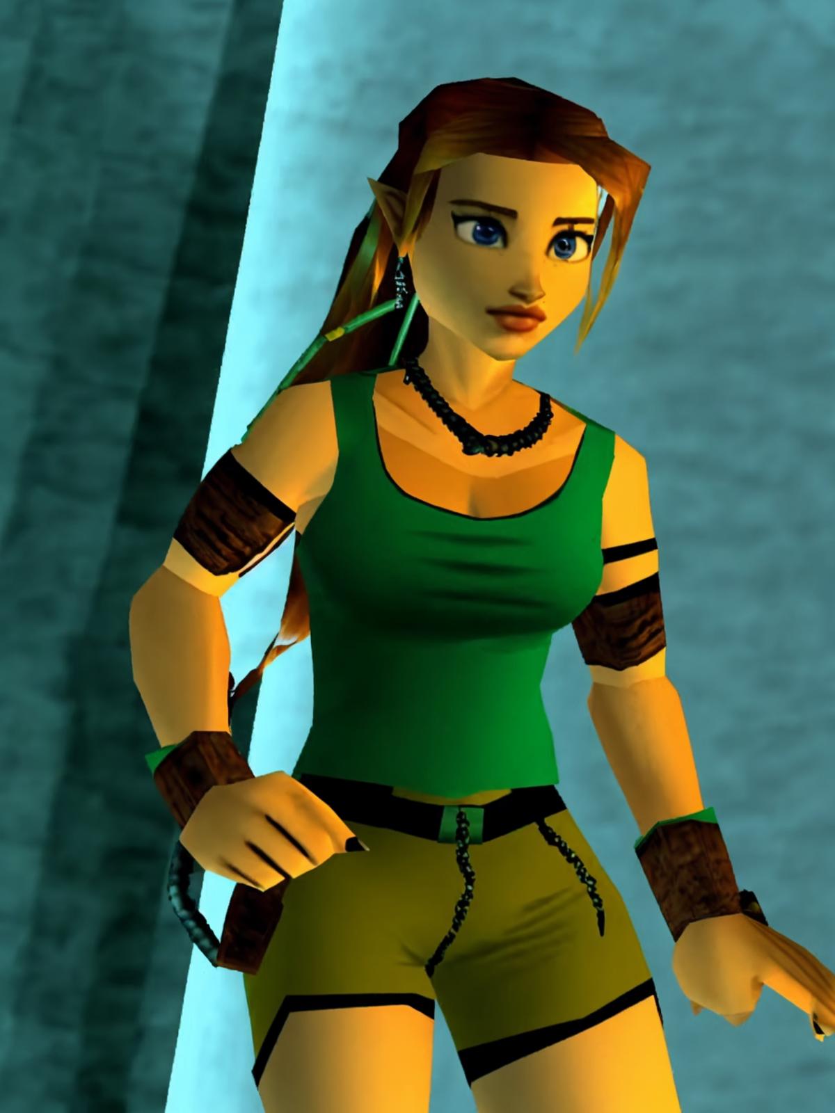 A computer generated female character wearing green clothing and jewelry.
