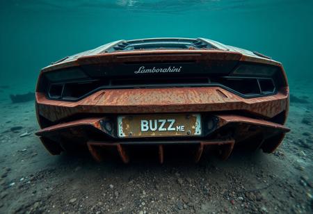 Totally Rusted wreck of Lamborghini Temerario underwater rusted number plate with text "BUZZ ME", cinematic, post apocalyptic look, seabed