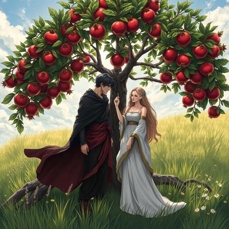 1woman, 1man, dark clothes on man, white clothes on woman, under pomegranate tree, meadow setting, Hades, Persephone, Greek gods, Anime