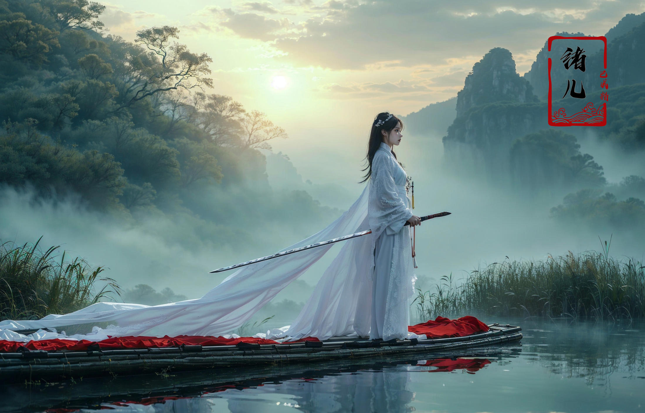 绪儿-山水渔夫 long raft with Landscape fisherman image by XRYCJ