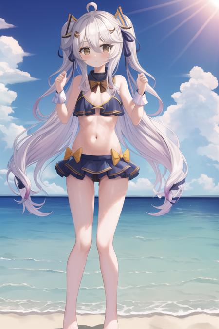 : masterpiece, best quality, (henya), (beach), (sunlight), full body, sad, hands up, <lora:henya-10:0.5>, (bikini), (hair ribbon), (ribbon)