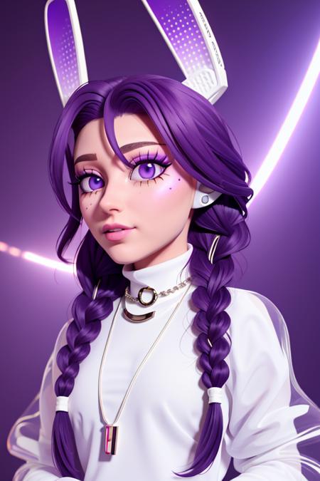 <lora:Discboom640:0.8>, xyzdiscboom, Russian, 1girl, solo, twin braids, long braids, looking_at_viewer, (purple eyes), nose, mouth, makeup, jewelry, bangs, purple hair, rabbit_ears, see-through_sleeves, white sleeves, white_footwear, sneakers, turtleneck, cross necklace, white headphones, neon, posing, white sclera,  puffy_long_sleeves