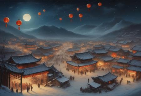 vintage painting of a rustic chinese village celebrating a winter festival, lanterns in sky, night time, warm glow, stars are shining in the sky, massive city,