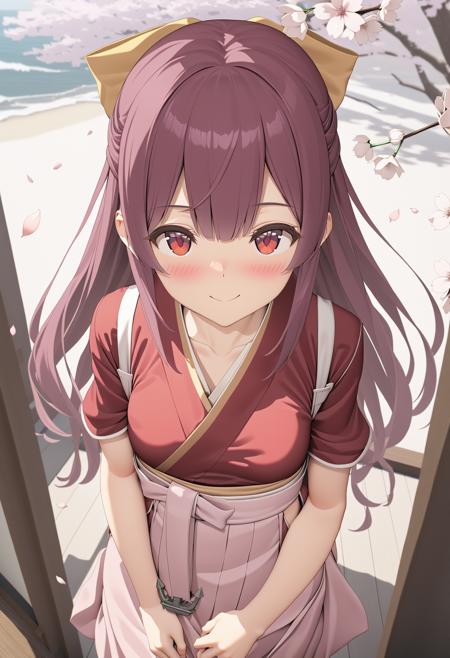 1girl, nagami yuu, cowboy shot, standing, red kimono, pink hakama, hakama skirt, long hair, purple hair, purple eyes, bow, hair bow, blush, red eyes, yellow bow, yellow ribbon, anchor, collarbone, small breasts, short sleeves, tasuki, from above, smile, natural lighting, (masterpiece, best quality), detailed scenery, cherry blossoms, (3d render:0.5), detailed eyes, wind, <lora:kamikazes_animaginexl_2-44:0.9>