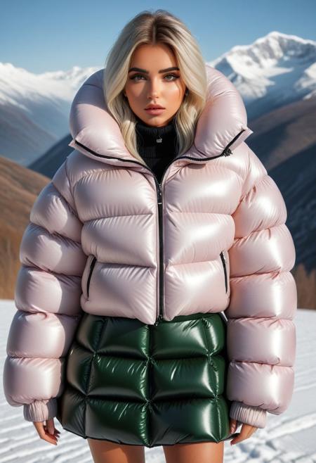 ((((sherpa puffer padded jacket)))), ((((sharpa puffer padded coat)))), ((((puffer skirt)))), ((((cowboy shot)))), ((((from back)))), standing, winter, snow, mountains, 1girl, solo, (masterpiece), (detailed face, detailed eyes), (beautiful detailed eyes:1.5), sidelighting, (super detail, hyper detail, intricate_details, detailed), looking at viewer, (semi realistic:1.6), very detailed face, (Blonde hair), (white hair), absurdly long hair, hair between eyes, (straight hair), (green eyes), put your hair behind your ears, eyelashs, eyeliner, (eye shadow:0.5), wet hair, sweat, white skin, Angry face, (blush), padded cuffs, padded collar, Thick padded cuffs, Thick padded collar, <lora:Collar-SDXL:0.6>, <lora:Cuffs-SDXL:0.6>, <lora:Puffer_Jacket_and_Down_Jacket_-_Extra_Puffy_Jackets:0.6>,  <lora:puffer_skirt_v1:0.6>