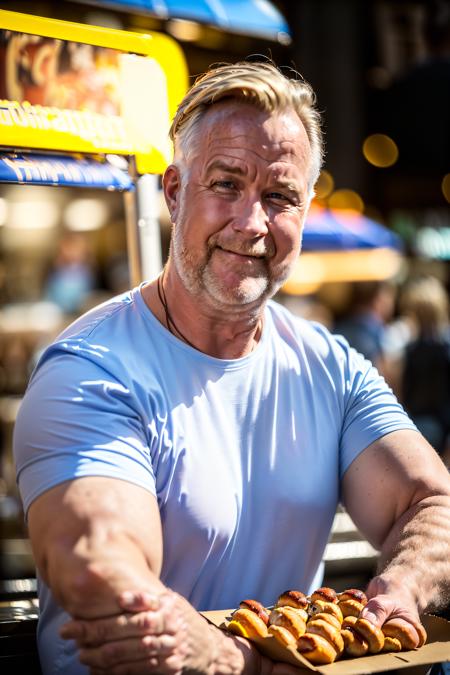 ((best quality)), ((masterpiece)), ((realistic)),  JohanPehrson at a hot dog vendor in stockholm wearing jeans and a tshirt,  stoic smile, confident stance, cultural pride, (oil painting:1.2), Greg Rutkowski, vivid colors, two tone lighting, nostalgic background, authentic vintage feel, (portrait composition:1.3), (high-resolution:1.2) , solo portrait,
<lora:johan_pehrson_vng:1> high contrast