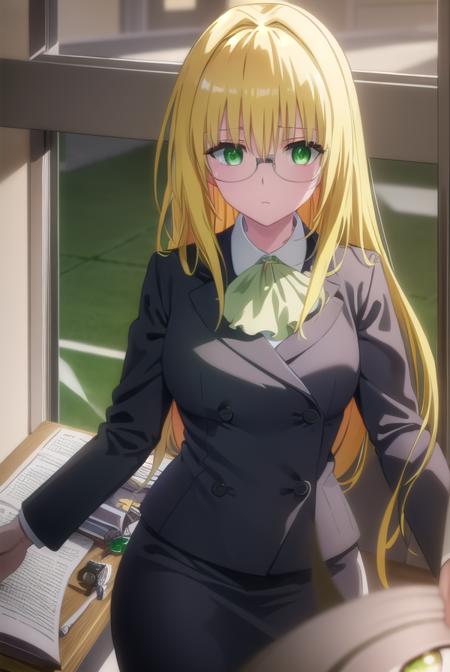 tearjulunatique, <lora:tearju lunatique darkness-lora-nochekaiser:1>,
tearju lunatique, long hair, blonde hair, (green eyes:1.5), sidelocks, glasses,
BREAK shirt, collared shirt, white shirt, suit, formal suit, long sleeves, ascot, white ascot, gemstone, green gemstone, skirt, pencil skirt,
BREAK indoors, classroom,
BREAK looking at viewer, (cowboy shot:1.5),
BREAK <lyco:GoodHands-beta2:1>, (masterpiece:1.2), best quality, high resolution, unity 8k wallpaper, (illustration:0.8), (beautiful detailed eyes:1.6), extremely detailed face, perfect lighting, extremely detailed CG, (perfect hands, perfect anatomy),