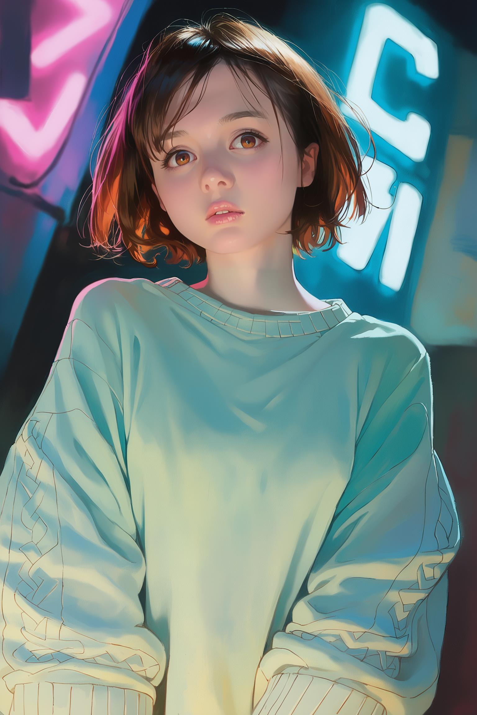 score_9, score_8_up, score_7_up, score_6_up, content_sfw, source_anime, high quality, high contrast, realistic, 1girl, neon lights, 1girl, short hair, oversized sweater, <lora:sdxl-testlora-normalmap_02_dim32:0.2>, <lora:sdxl2-flat2-512b:0.5> <lora:sdxl-testlora-noline:0.1> <lora:sdxl-shadow_01:-0.1>, <lora:sdxl-testlora-luster_01:0.25>,<lora:aimiyxshi:0.8> <lora:BU$T33@lli_02:0.25>, shiny skin,__wildcards/angle__,__wildcards/lighting__,__wildcards/f-stop__,__wildcards/iso-stop__