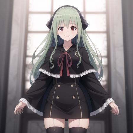 (masterpiece, best quality:1.2),illustration,8k,hd,absurdres,1girl,solo,cowboy shot,long hair,smile,zettai ryouiki,black thighhighs,dress,neck ribbon,looking at viewer,long sleeves,hair band,capelet,green hair,black dress,red eyes,ribbon,bangs,frills,loafers,<lora:Ilia_(trinity_seven)>,