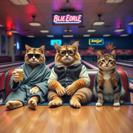 A highly detailed and humorous photo of three anthropomorphic cats recreating the iconic bowling alley scene from *The Big Lebowski*. The characters are sitting in the bowling alley lounge, each with distinct personalities: one cat as The Dude, wearing a robe and sunglasses with a relaxed expression, holding a White Russian; another as Walter Sobchak, wearing aviator glasses and a vest, with an intense look, gesturing as if mid-rant; and the third as Donny, looking clueless and attentive. The retro bowling alley features neon lighting, classic wooden lanes, and vintage seating. The perspective is cinematic, capturing the quirky yet laid-back atmosphere of the film. High-definition, vivid colors, and a film-inspired composition.