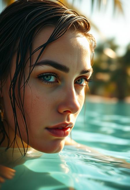 ultra-realistic image of a beautiful woman with wet hair in a tropical setting, partially submerged in clear, turquoise water. Her face is up close, with droplets of water on her skin, reflecting the sunlight. The background features soft-focus palm trees and bright, natural lighting. The mood is serene and captivating, emphasizing her expressive eyes and the fine details of her skin and hair. The image should have a cinematic quality, with warm tones and a summer vibe, capturing the essence of relaxation in an exotic beach environment