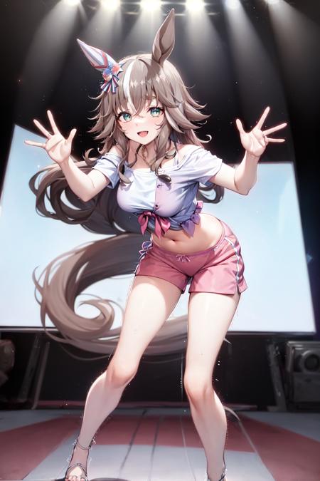 masterpiece, best quality,
wonder acute \(umamusume\),
on stage, concert, 
(white shirt:1.2), off-shoulder shirt, tied shirt,
standing, full body, leaning forward, waving,
smile, open mouth, short sleeves, midriff, scrunchie, pink shorts, swim trunk
<lora:wonder_acute_loha:0.8>