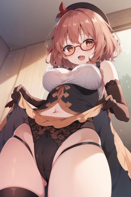 1girl,  solo, <lora:Mirai:0.5>, kuriyama_mirai, brown_hair, glasses, breasts, underwear, solo, panties, red-framed_eyewear, short_hair, (extremely detailed), breasts, detailed hair, best resolution, best quality, (standing), ((from below)), dress, looking at viewer, black panties, peach dress, medium breasts, clothing cutout, clothes lift, embarrassment, dress lift, cameltoe, open mouth, sleeveless, from below, lifted by self, thighs, sleeveless dress, blush, fang, cleavage cutout, cowboy shot, cleavage, bangs, bare shoulders, bare arms, covered navel, (close view on underwear from below), upshirt, <lora:upshirtUnderboob_v10:0.35>, from below, elbow gloves, best resolution, best quality, (Masterpiece), extremely detailed face, Original Character, perfect lighting, best colors, colorful, beautiful, fine detail, ultra high resolution, Natural Volumetric Lighting And Best Shadows, Deep Depth Of Field, (Highest Quality, Amazing Details:1.4)