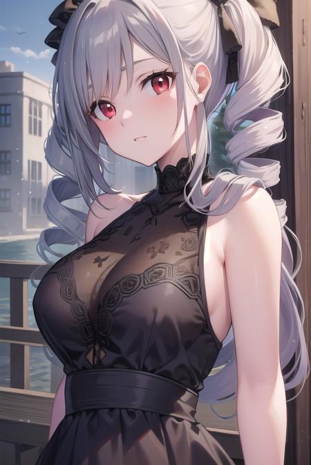 ranko, (drill hair:1.5), grey hair, long hair, pale skin, (red eyes:1.5), twin drills, black dress, dress, gothic, gothic fashion, neck garter,