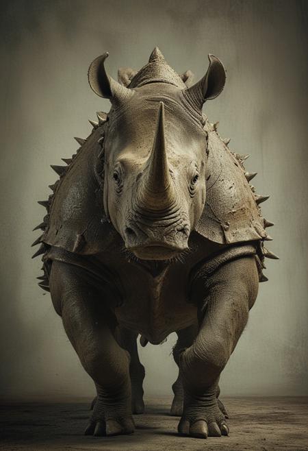 medium shot, symmetrical front view of a Rhinoceros beast in a barbarian armour, studio background, high-contrast palette, subtle grain, cinematic quality, modern art photograph