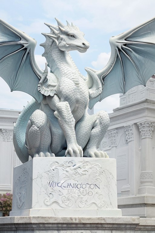 photo of a dragon, a dragon as a (white_statue,stone_statue:1.3), wearing armor, on a pedestal, modelshoot style, photo of...